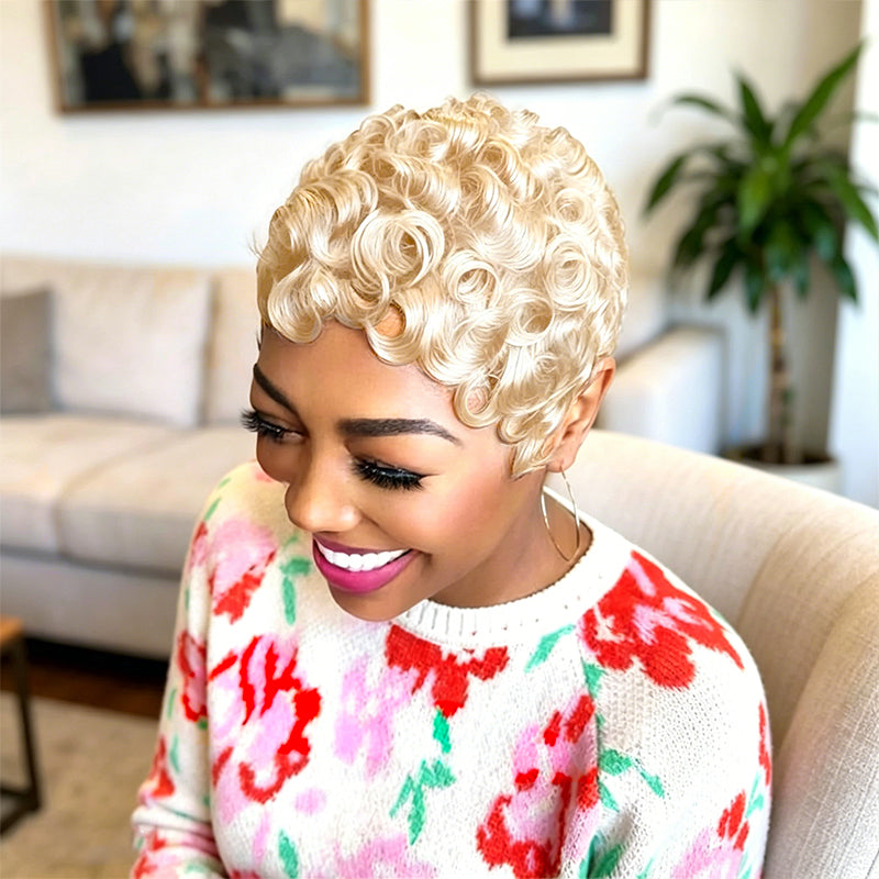 Showreal Pixie Cut Wigs Human Hair for Black Women Short Pixie Cut Wig - Machine Made, Finger Wave Glueless, Blond 150%  Pixie Curly Wigs With Bangs for Daily Use(025-#613)