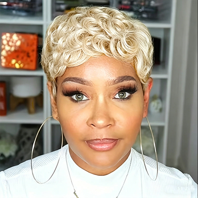 Showreal Pixie Cut Wigs Human Hair for Black Women Short Pixie Cut Wig - Machine Made, Finger Wave Glueless, Blond 150%  Pixie Curly Wigs With Bangs for Daily Use(025-#613)