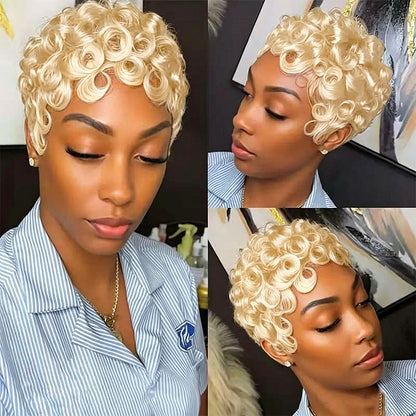 Showreal Pixie Cut Wigs Human Hair for Black Women Short Pixie Cut Wig - Machine Made, Finger Wave Glueless, Blond 150%  Pixie Curly Wigs With Bangs for Daily Use(025-#613)