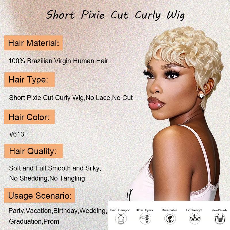 Showreal Pixie Cut Wigs Human Hair for Black Women Short Pixie Cut Wig - Machine Made, Finger Wave Glueless, Blond 150%  Pixie Curly Wigs With Bangs for Daily Use(025-#613)