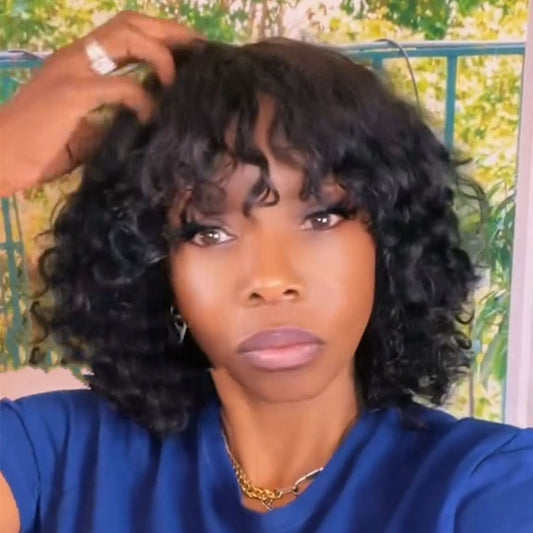 (Denise Same) Curly Human Hair Wigs With Bangs Curly Bob Wigs