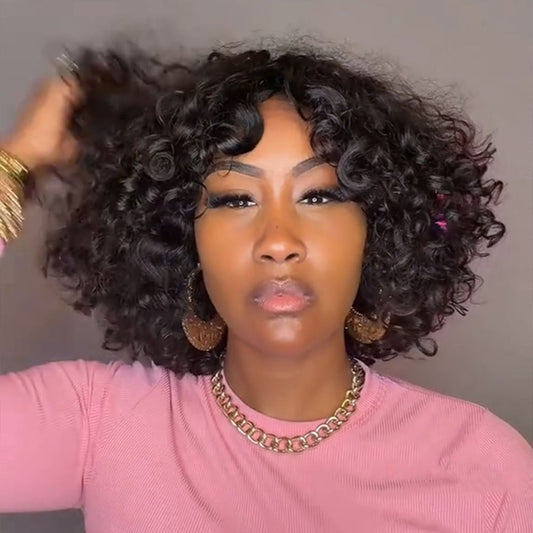 【KiKi Same】Curly Human Hair Wigs With Bangs Curly Bob Wigs