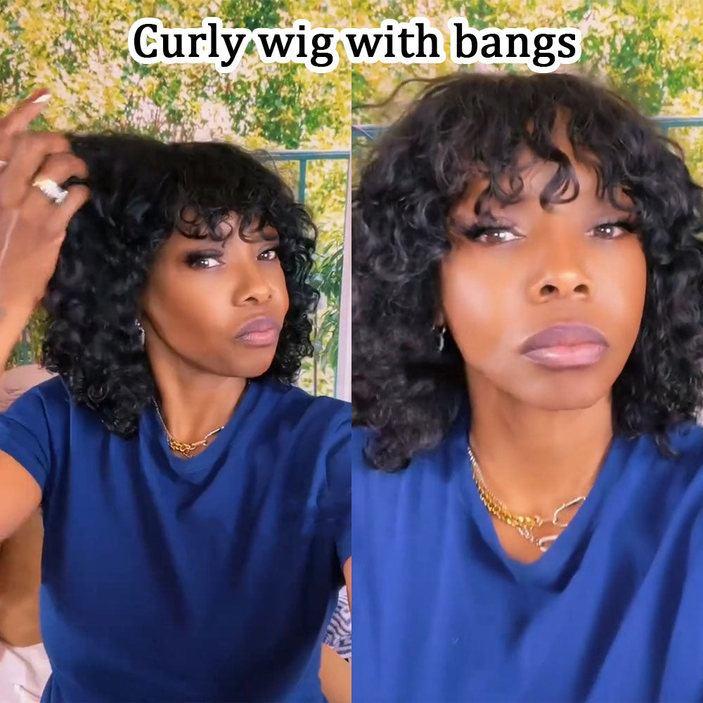 (Denise Same) Curly Human Hair Wigs With Bangs Curly Bob Wigs
