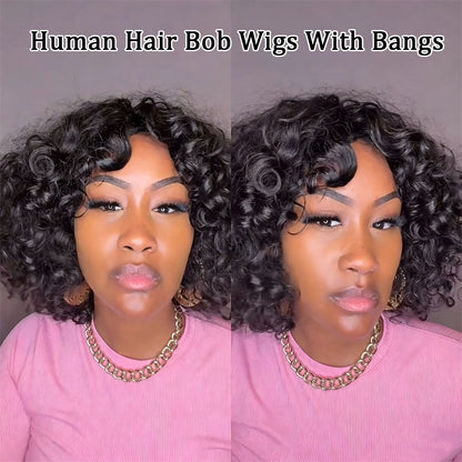 【KiKi Same】Curly Human Hair Wigs With Bangs Curly Bob Wigs