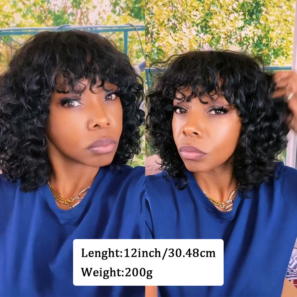 (Denise Same) Curly Human Hair Wigs With Bangs Curly Bob Wigs