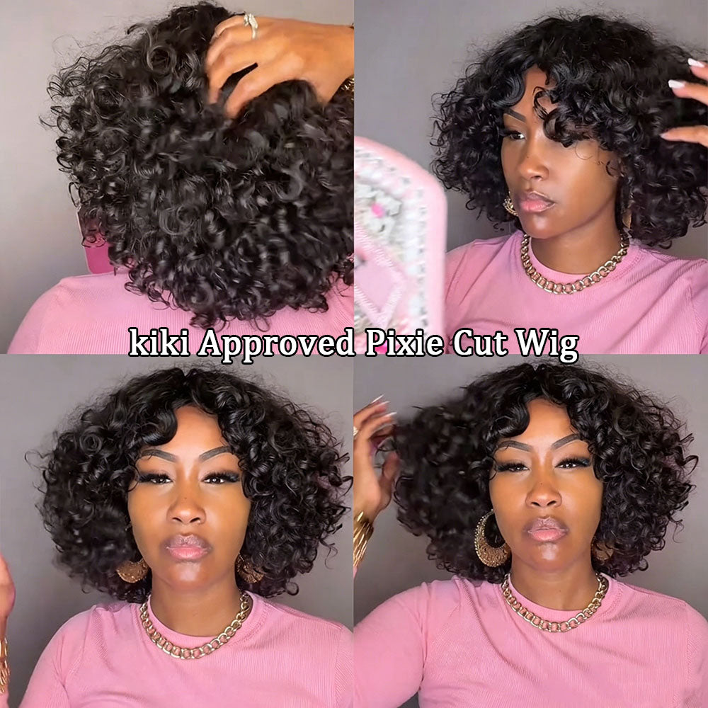【KiKi Same】Curly Human Hair Wigs With Bangs Curly Bob Wigs