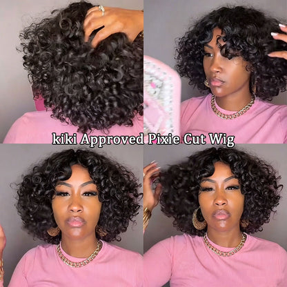 【KiKi Same】Curly Human Hair Wigs With Bangs Curly Bob Wigs