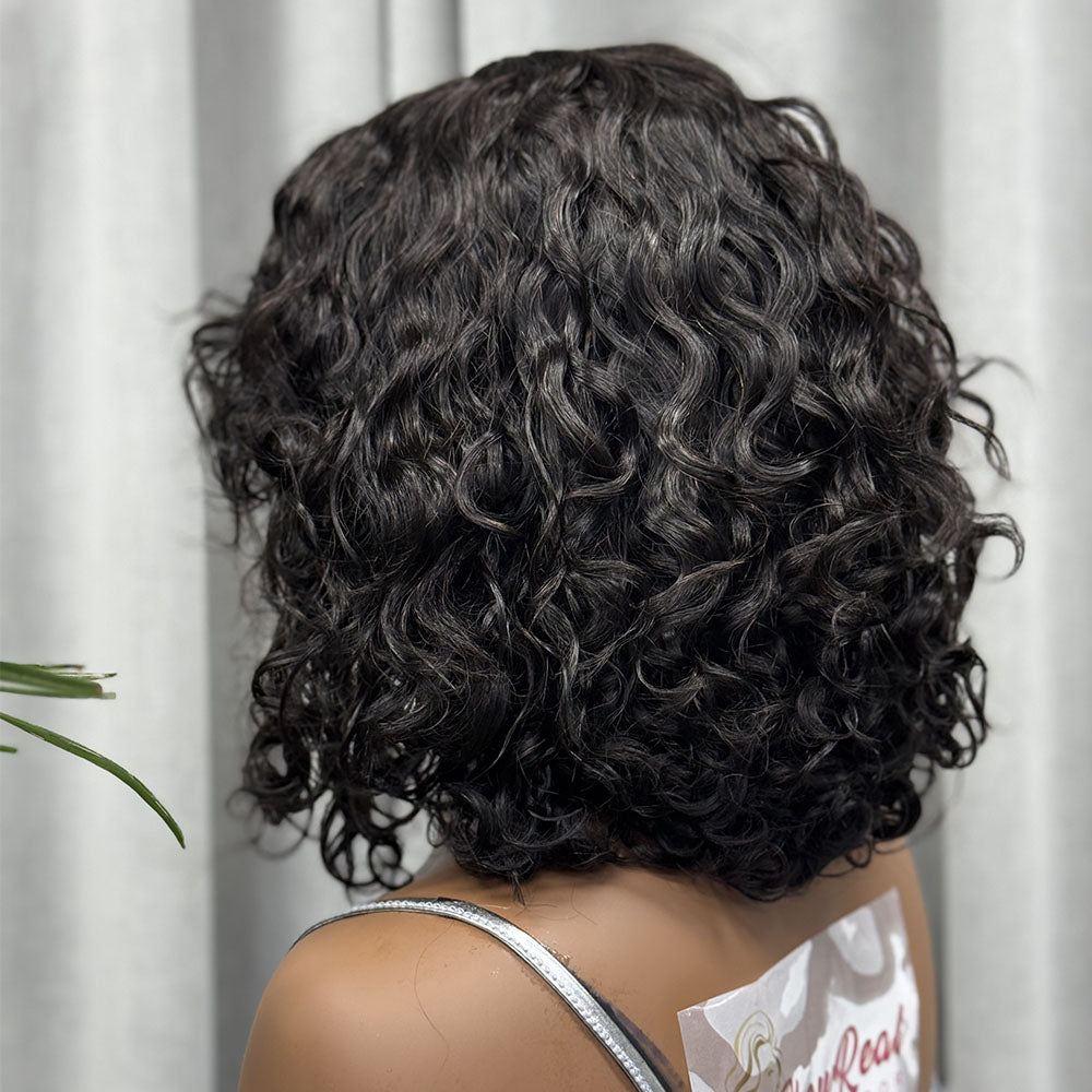 (Denise Same) Curly Human Hair Wigs With Bangs Curly Bob Wigs