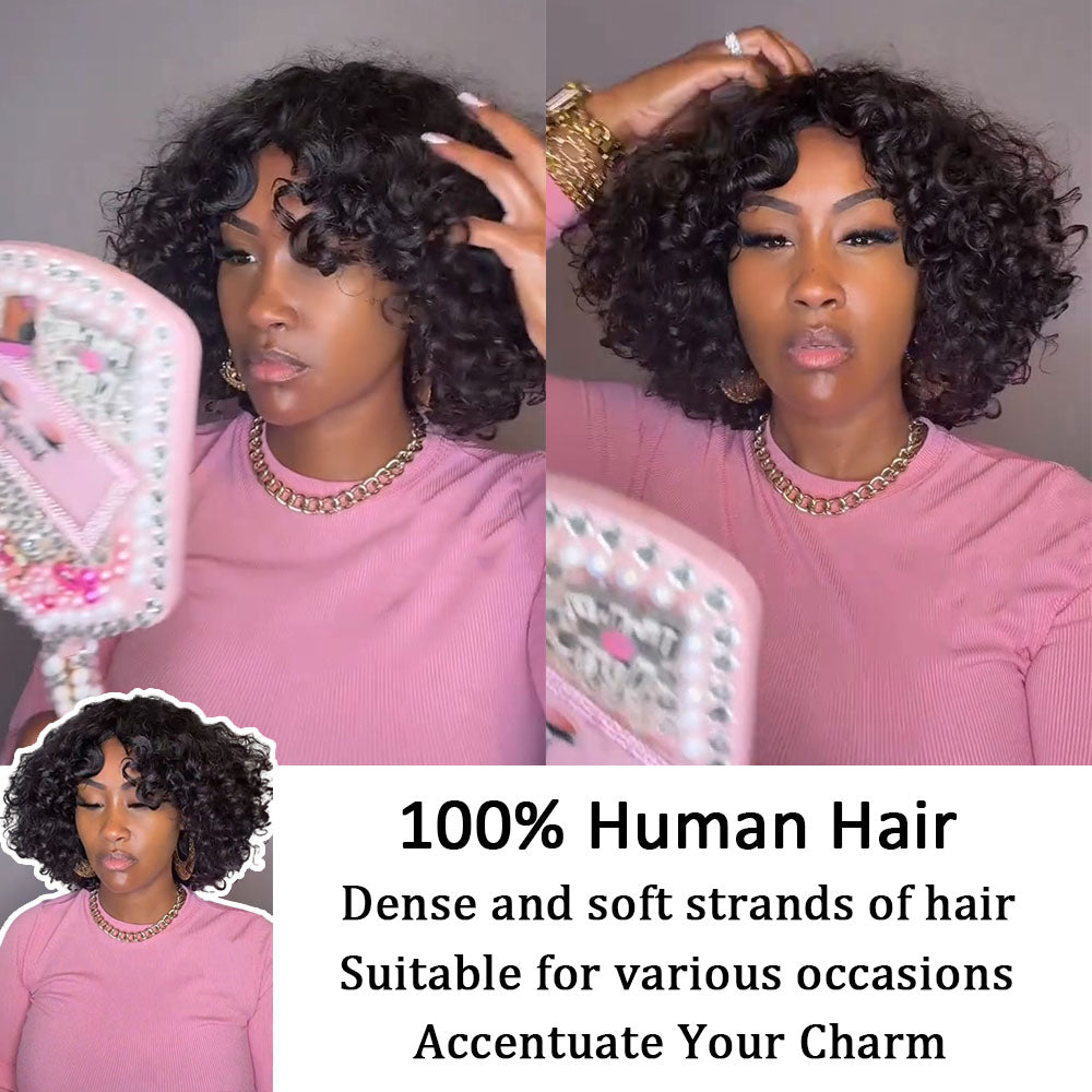 【KiKi Same】Curly Human Hair Wigs With Bangs Curly Bob Wigs