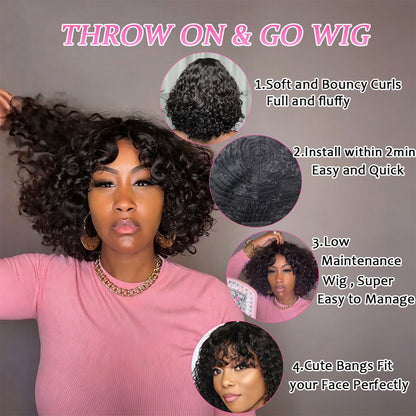 【KiKi Same】Curly Human Hair Wigs With Bangs Curly Bob Wigs