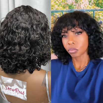 (Denise Same) Curly Human Hair Wigs With Bangs Curly Bob Wigs