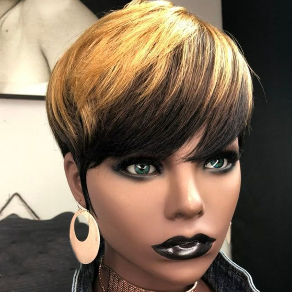 Short Pixie Cut Wig Brazilian Virgin Human Hair Black And Highlight Colorful Wig with Bangs Full Machine Ready To Go Glueless Wig