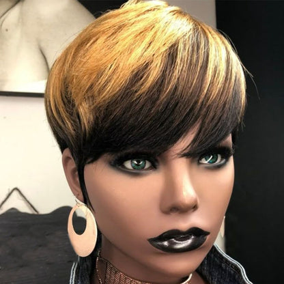 Short Pixie Cut Wig Brazilian Virgin Human Hair Black And Highlight Colorful Wig with Bangs Full Machine Ready To Go Glueless Wig
