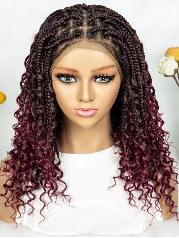 ShowReal 16 Inch Synthetic Full Lace Knotless Braided Wigs with Curly Ends for Black Women Handmade Braiding Wigs with Baby Hair Synthetic Braid Hair Gorgeous Fluffy Wigs with Baby Hair Bangs Synthetic Braided Full Lace Wigs
