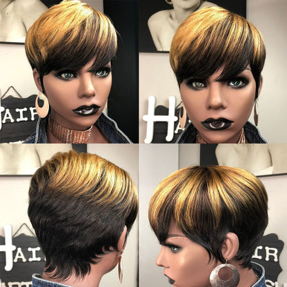 Short Pixie Cut Wig Brazilian Virgin Human Hair Black And Highlight Colorful Wig with Bangs Full Machine Ready To Go Glueless Wig