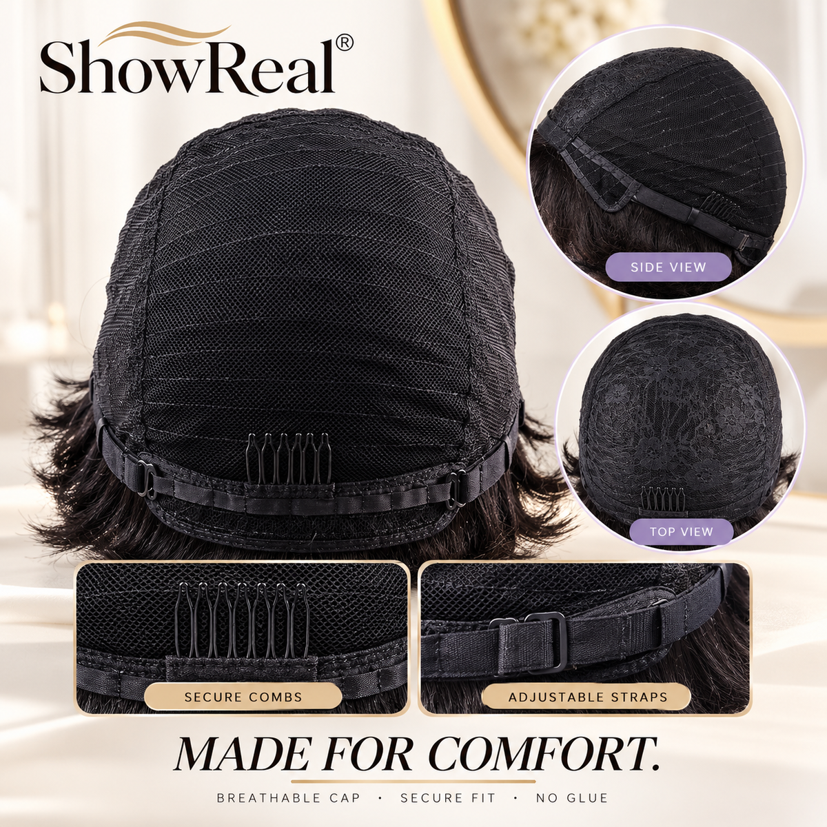 ShowReal 025 Pixie Cut Wig – As Seen on tay_kaedence, Betty Boop Style, 100% Human Hair, Curly or Straight Glueless Wig (025-1B)