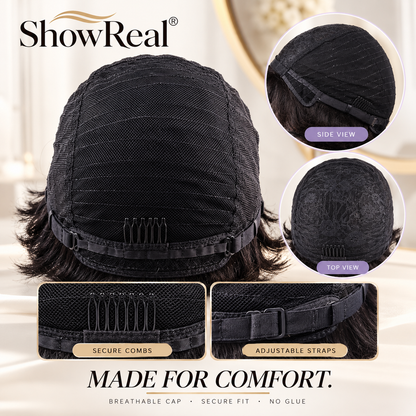 ShowReal 025 Pixie Cut Wig – As Seen on tay_kaedence, Betty Boop Style, 100% Human Hair, Curly or Straight Glueless Wig (025-1B)