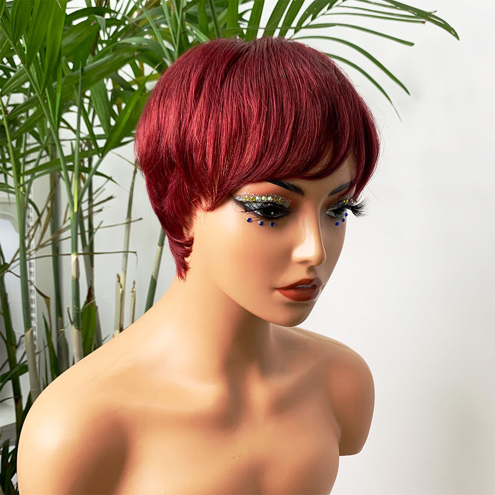 ShowReal Short Straight Pixie Cut Human Hair Wig with Bangs Natural Looking Gorgeous Fluffy Human Hair Wigs for Women Human Hair Full Machine Wigs for Party, Daily Use