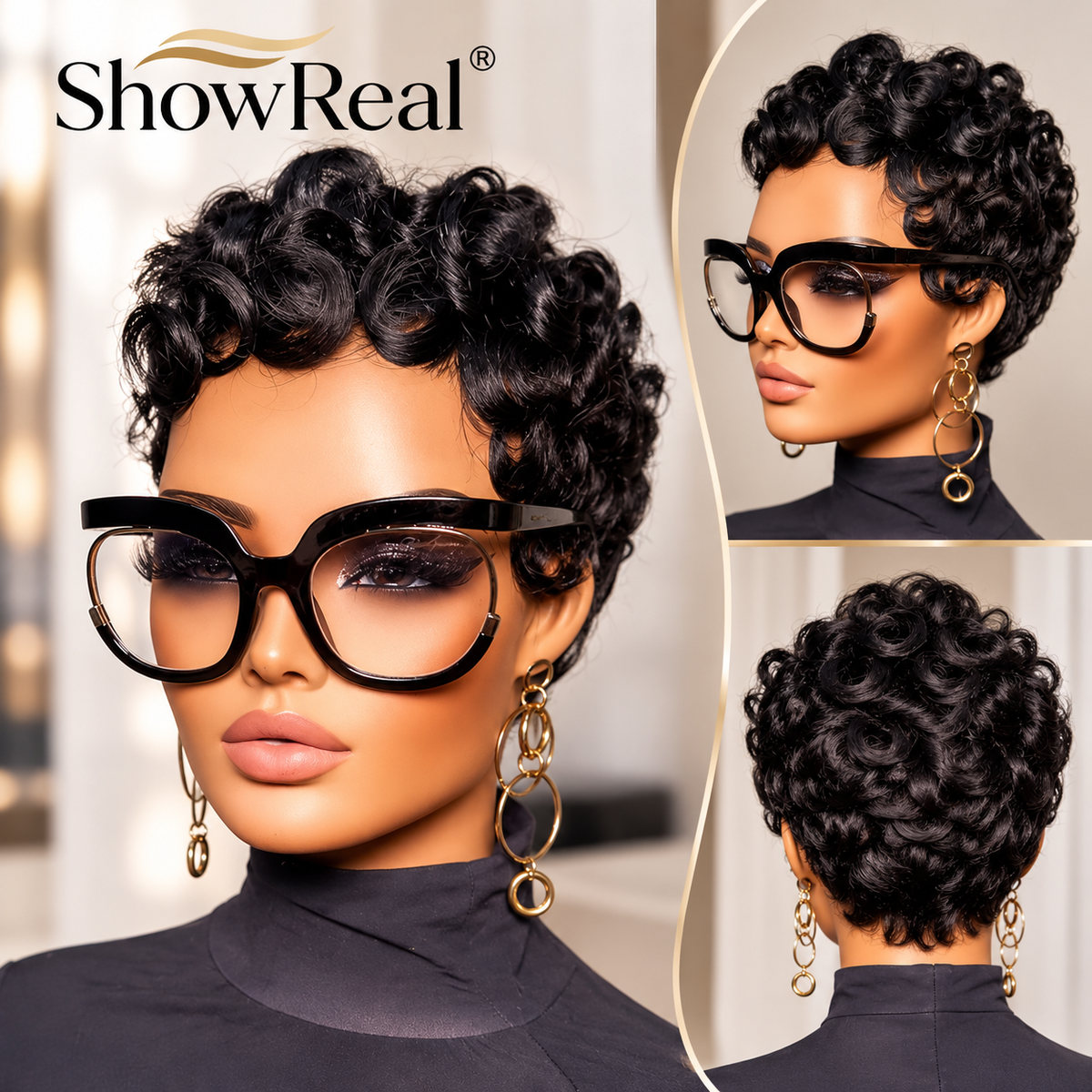 ShowReal 025 Pixie Cut Wig – As Seen on tay_kaedence, Betty Boop Style, 100% Human Hair, Curly or Straight Glueless Wig (025-1B)