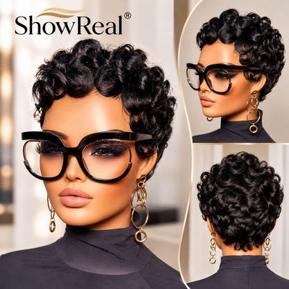 ShowReal 025 Pixie Cut Wig – As Seen on tay_kaedence, Betty Boop Style, 100% Human Hair, Curly or Straight Glueless Wig (025-1B)
