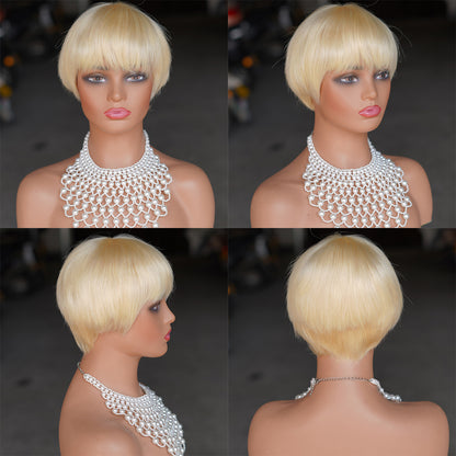 ShowReal Short Straight Pixie Cut Human Hair Wig with Bangs Natural Looking Gorgeous Fluffy Human Hair Wigs for Women Human Hair Full Machine Wigs for Party, Daily Use