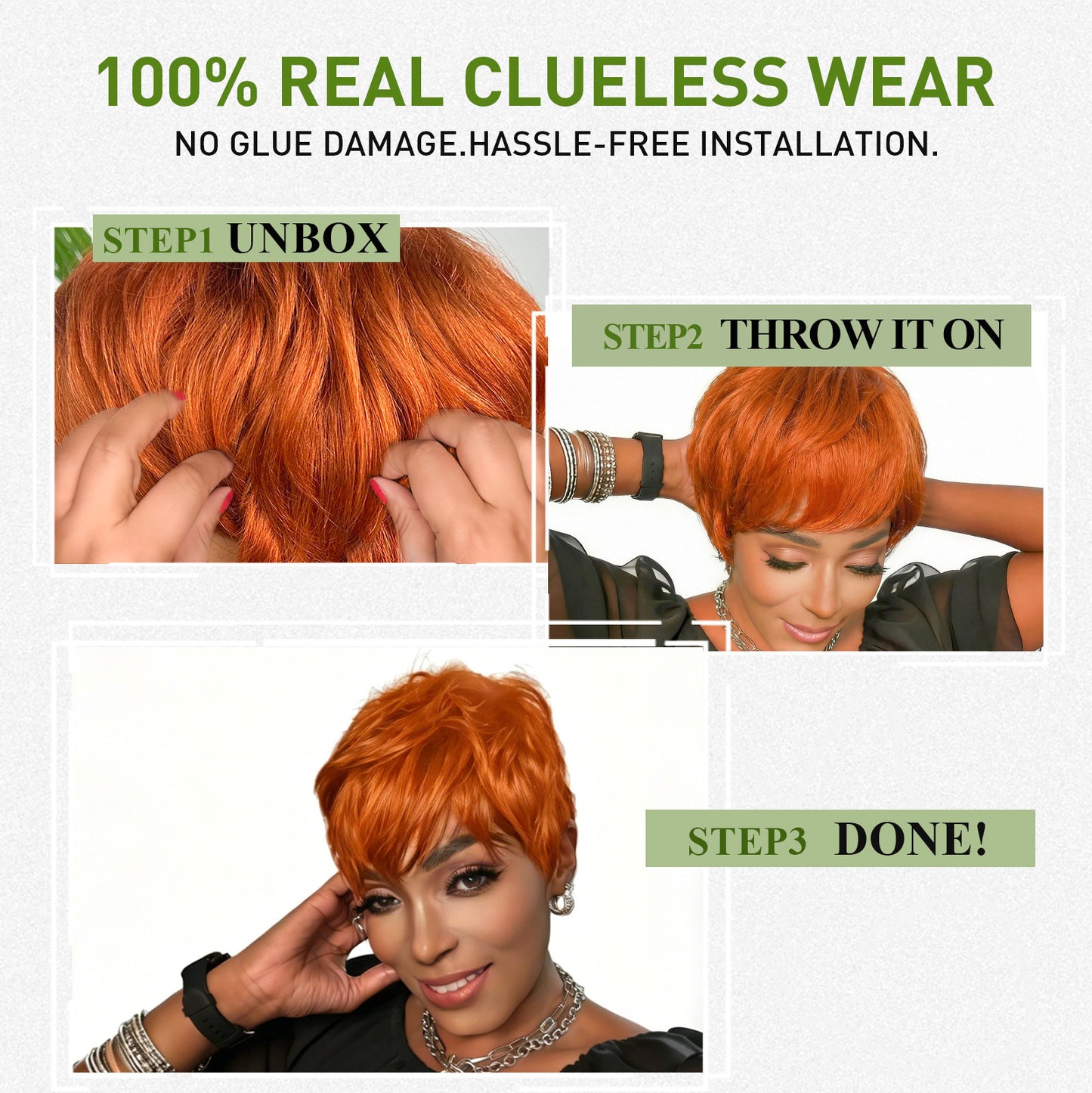 Showreal Pixie Cut Wigs Human Hair Ginger Short Pixie Cut Wigs 100% Real Human Hair Lightweight Glueless Natural Black Layered Pixie Wig(036-350)