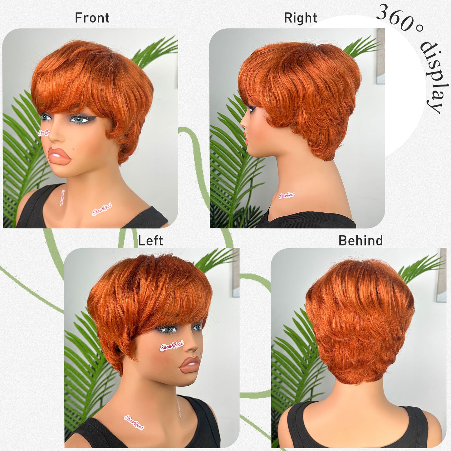 Showreal Pixie Cut Wigs Human Hair Ginger Short Pixie Cut Wigs 100% Real Human Hair Lightweight Glueless Natural Black Layered Pixie Wig(036-350)