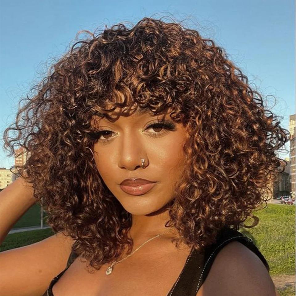 ShowReal Five Colors Wear And Go 12 Inch Short Curly 200% Density Thick Human Hair Full Machine Wig - Jerry Curly Wig with Bangs, Glueless