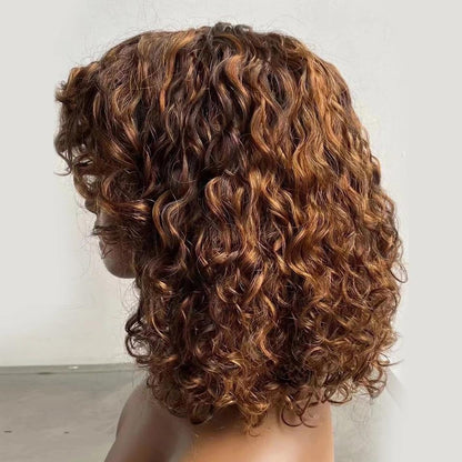 ShowReal Five Colors Wear And Go 12 Inch Short Curly 200% Density Thick Human Hair Full Machine Wig - Jerry Curly Wig with Bangs, Glueless