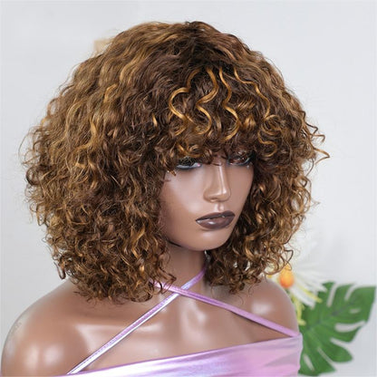 ShowReal Five Colors Wear And Go 12 Inch Short Curly 200% Density Thick Human Hair Full Machine Wig - Jerry Curly Wig with Bangs, Glueless