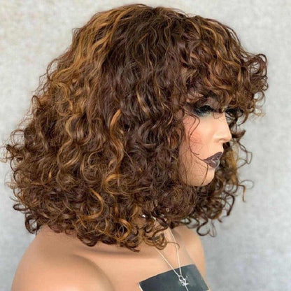 ShowReal Five Colors Wear And Go 12 Inch Short Curly 200% Density Thick Human Hair Full Machine Wig - Jerry Curly Wig with Bangs, Glueless
