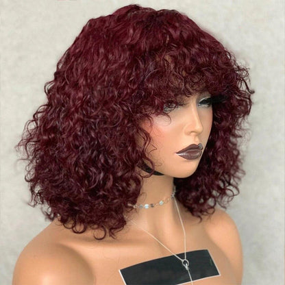 ShowReal Five Colors Wear And Go 12 Inch Short Curly 200% Density Thick Human Hair Full Machine Wig - Jerry Curly Wig with Bangs, Glueless