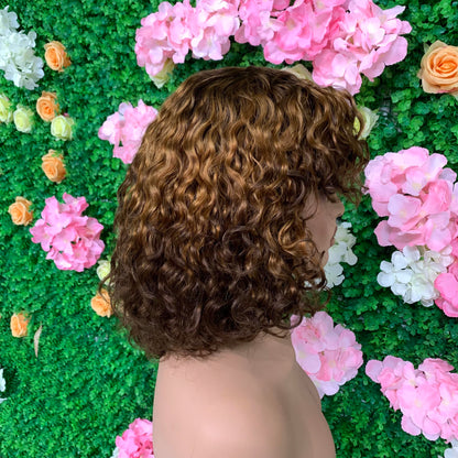 ShowReal Five Colors Wear And Go 12 Inch Short Curly 200% Density Thick Human Hair Full Machine Wig - Jerry Curly Wig with Bangs, Glueless