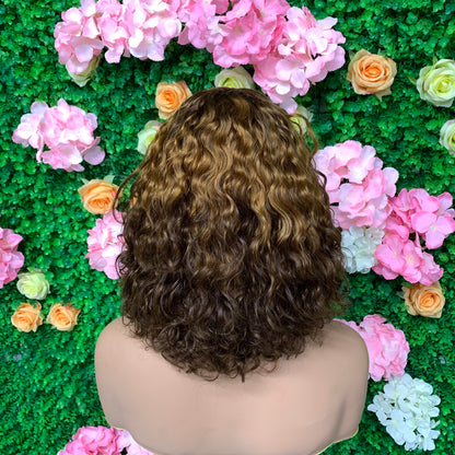 ShowReal Five Colors Wear And Go 12 Inch Short Curly 200% Density Thick Human Hair Full Machine Wig - Jerry Curly Wig with Bangs, Glueless