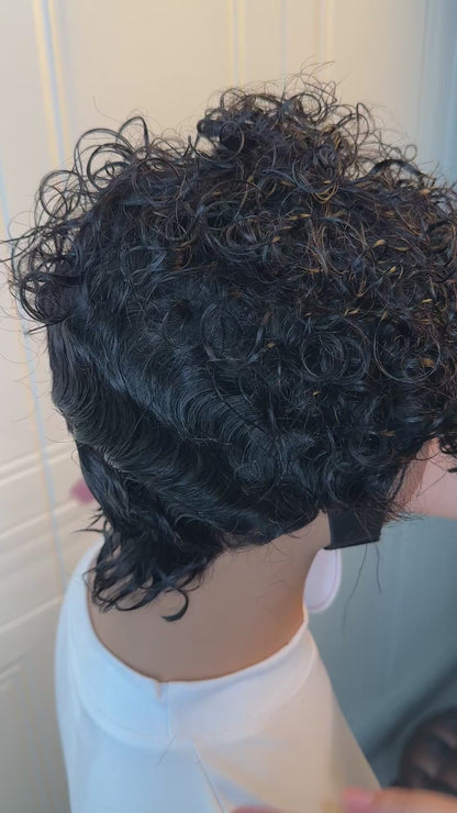 ShowReal Short Curly Pixie Human Hair Wig, Mixed Kinky Curly & Finger Wave Texture, Fashion Short Wigs For Black Women（0530-1B））