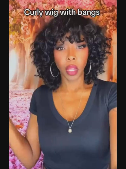 (Denise Same) Curly Human Hair Wigs With Bangs Curly Bob Wigs