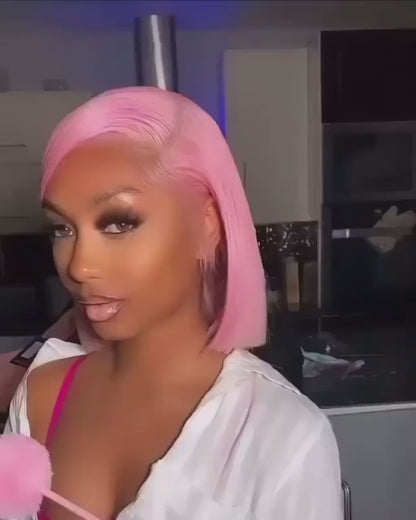 Customized Wig Pink Bob Wig Human Hair 13x4 Transparent Lace Bob Frontal Human Hair Wigs For Black Women 180% Density Pre Plucked Baby Hair Pink Short Bob Wig
