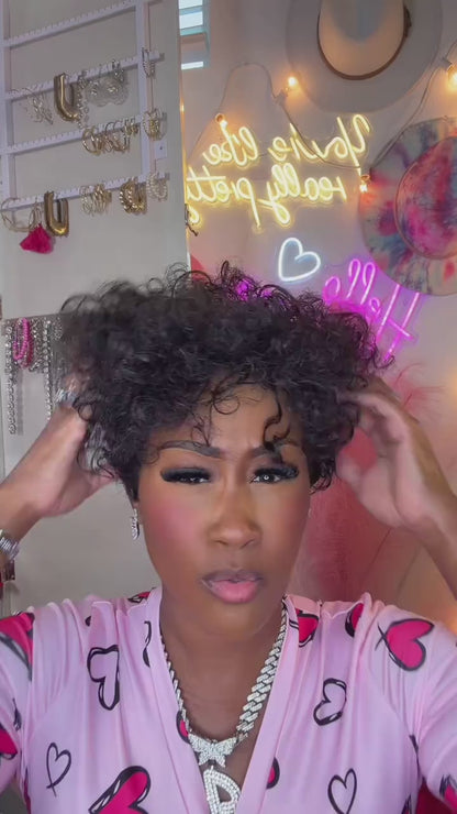 【KiKi Same】Short Curly Pixie Human Hair Wig, Mixed Kinky Curly & Finger Wave（0530-1B）
