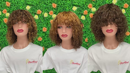 ShowReal Five Colors Wear And Go 12 Inch Short Curly 200% Density Thick Human Hair Full Machine Wig - Jerry Curly Wig with Bangs, Glueless