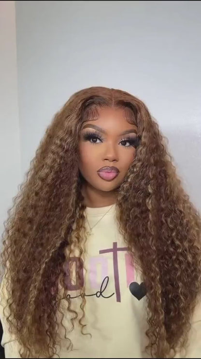 ShowReal 30 Inch Honey Blonde Ombre Lace Front Wig  13x4 Deep Wave Highlight Lace Front Wigs P4/27 HD Deep Wave Lace Frontal for Women with Baby Hair