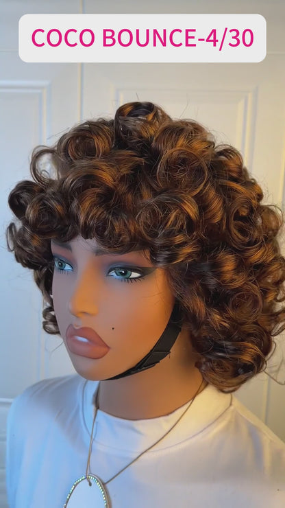 ShowReal Curly Bob Wigs With Bangs Coco Bounce Bob Wig Short Curly Wigs Human Hair for Black Women Glueless (032-1B)