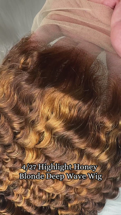 ShowReal 30 Inch Honey Blonde Ombre Lace Front Wig  13x4 Deep Wave Highlight Lace Front Wigs P4/27 HD Deep Wave Lace Frontal for Women with Baby Hair