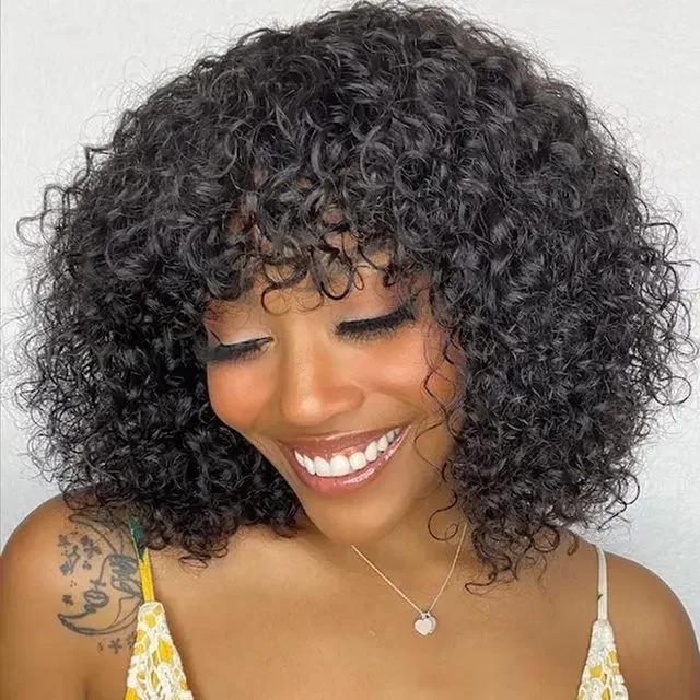 ShowReal Five Colors Wear And Go 12 Inch Short Curly 200% Density Thick Human Hair Full Machine Wig - Jerry Curly Wig with Bangs, Glueless