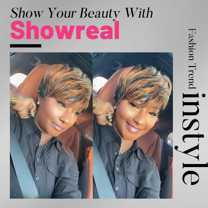 Short Pixie Cut Wig Human Hair 1B/30 Colored Wig with Bangs Full Machine Glueless Wig(9149-1B30)