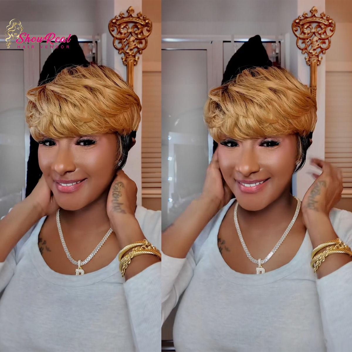 Showreal Bowl Cut Pixie Cut Wigs Human Hair for Black Women Pixie Cut Human Hair Wig Glueless Wigs Full Machine Made (Bowl Cut0501-TB30))